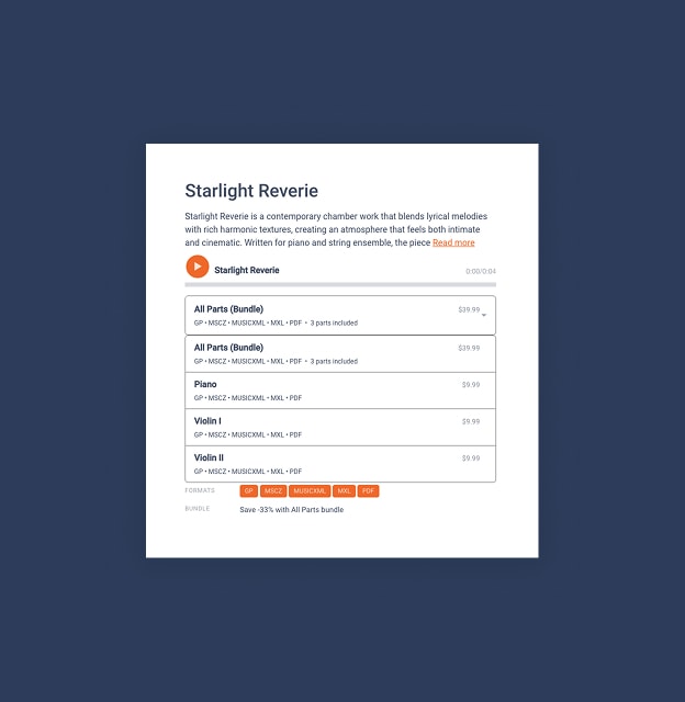 Sheet music part and bundle options